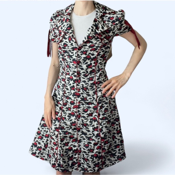 Tres Chic Womens Black Red Floral Fit and Flare Button Down Midi Dress Small - Picture 2 of 9